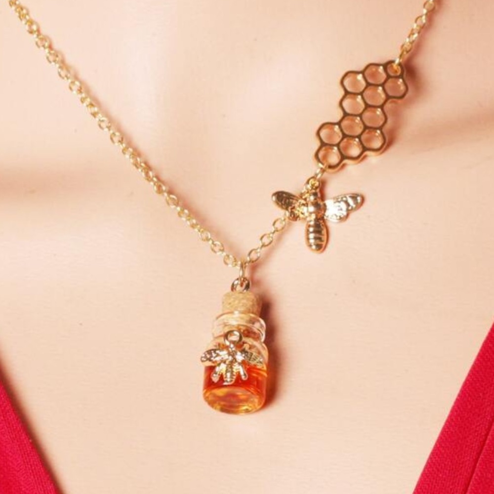 Gold Honeycomb and Bee Necklace